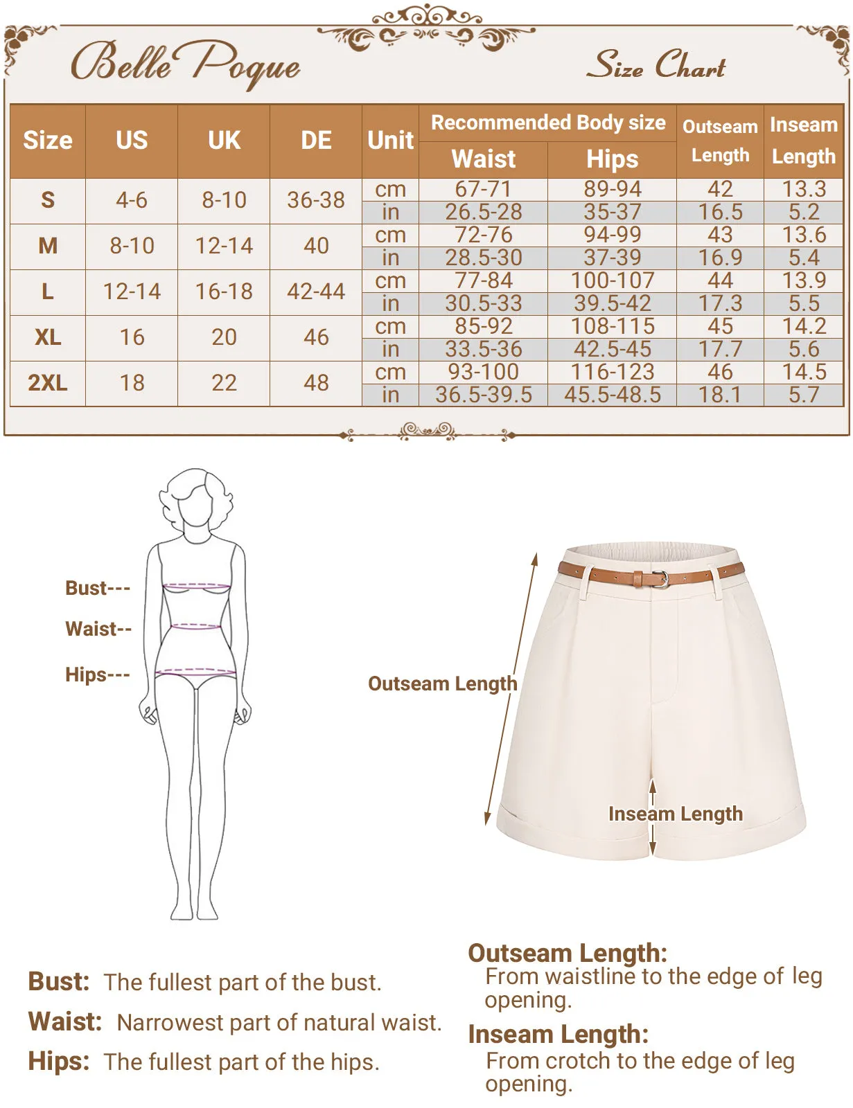 BP Women Vintage Shorts with Belt Elastic Waist Fold-up Leg Opening Short Pants