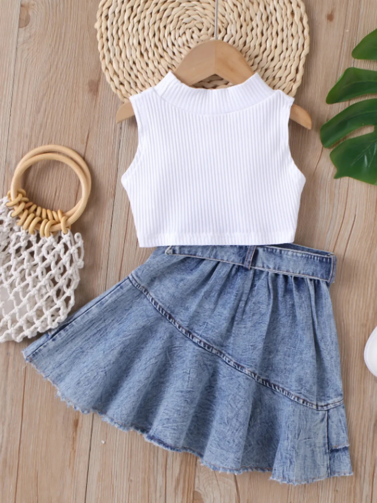 Classic Casual Tank and Pleated Denim Skirt Set