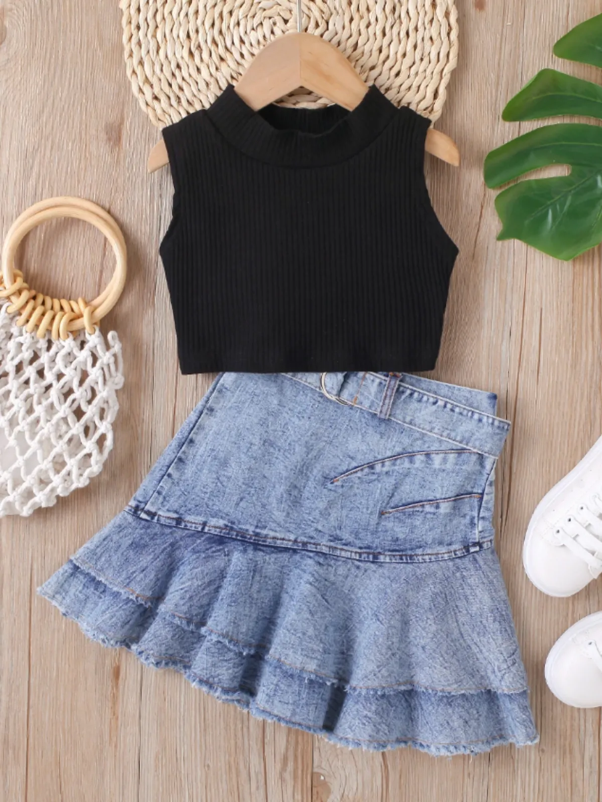 Classic Casual Tank and Pleated Denim Skirt Set