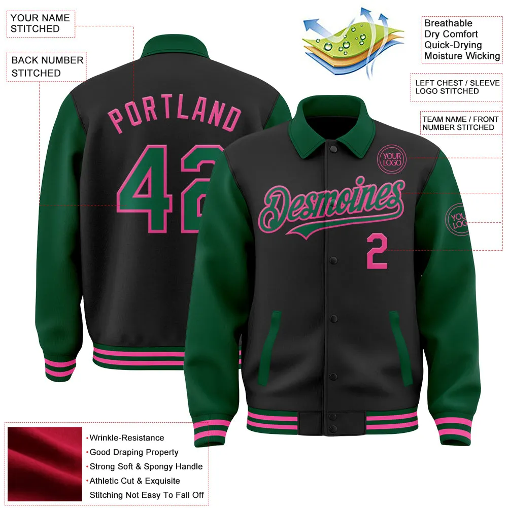 Custom Black Kelly Green-Pink Bomber Full-Snap Varsity Letterman Two Tone Lapel Collar Byron Jacket