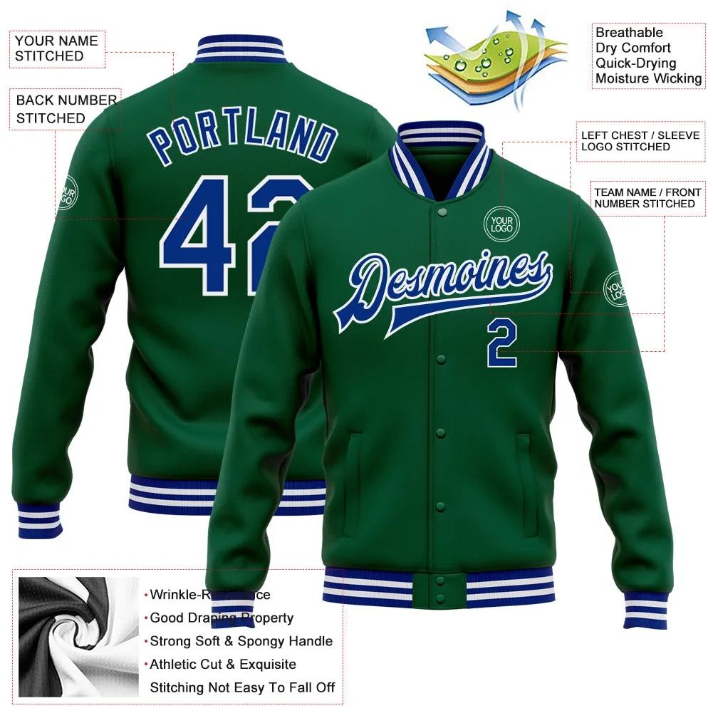 Custom Kelly Green Royal-White Bomber Full-Snap Varsity Letterman Jacket