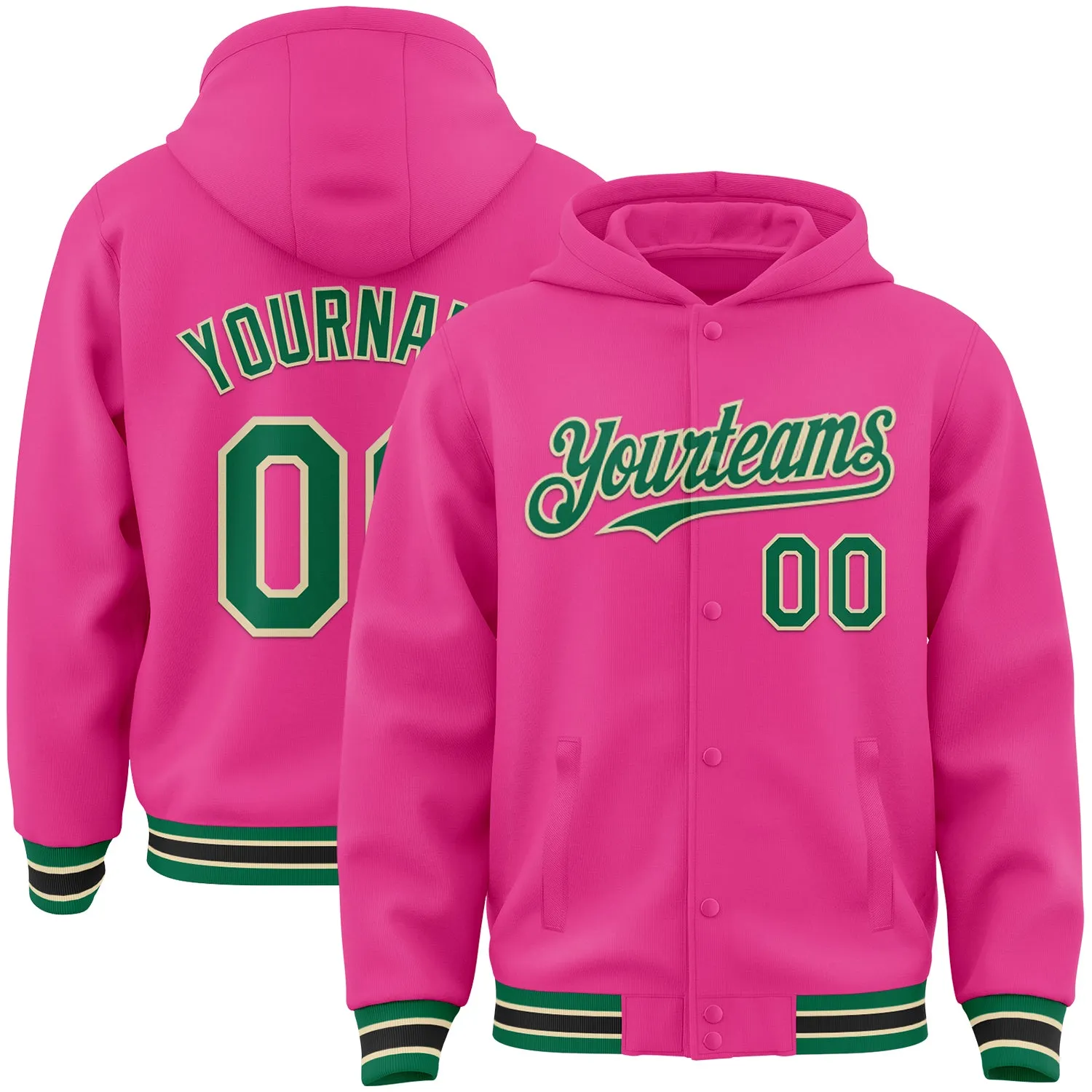 Custom Pink Kelly Green-Cream Bomber Full-Snap Varsity Letterman Hoodie Jacket