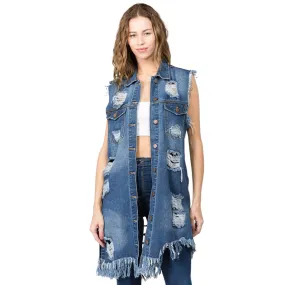 Distressed Denim Long Length Vest