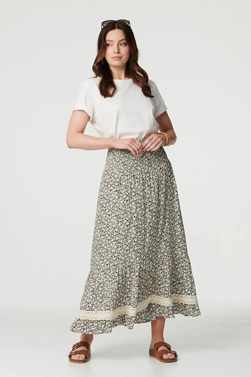 Ditsy Floral Lace Trim Maxi Skirt