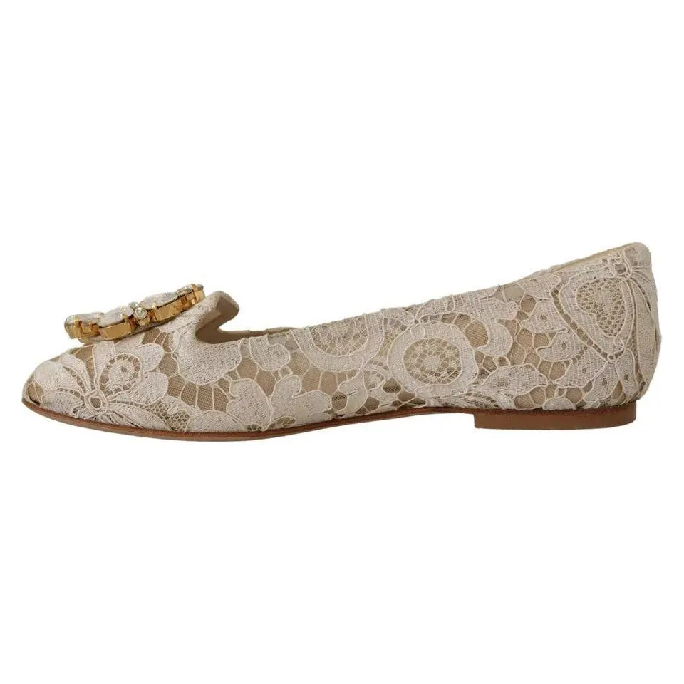 Dolce & Gabbana Beige Lace Crystal Ballet Flats Loafers Shoes