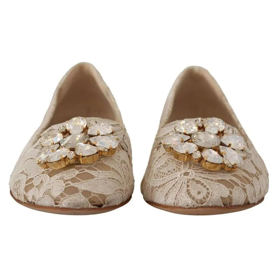 Dolce & Gabbana Beige Lace Crystal Ballet Flats Loafers Shoes