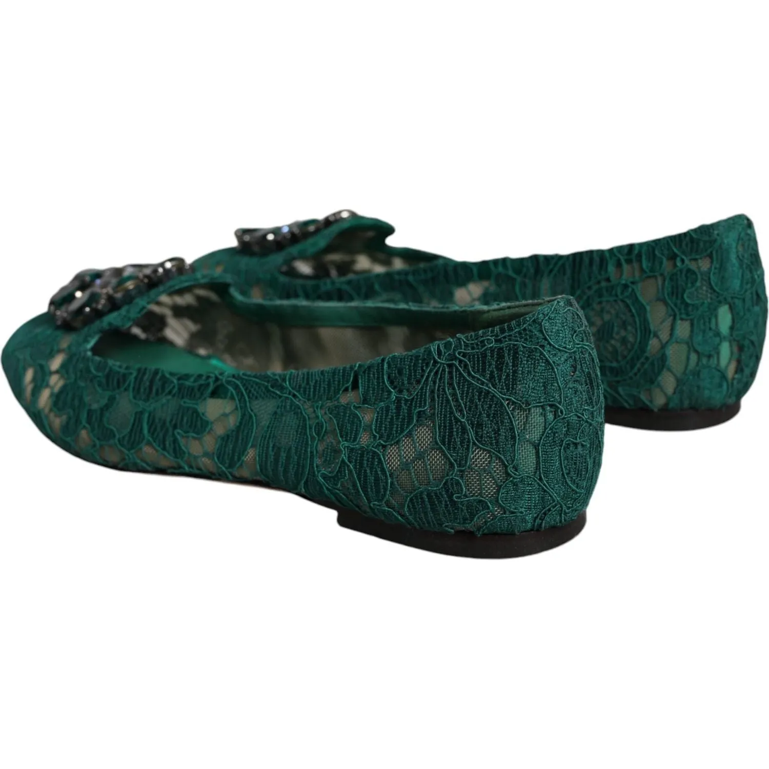 Dolce & Gabbana Green Lace Crystal Ballet Flats Loafers Shoes