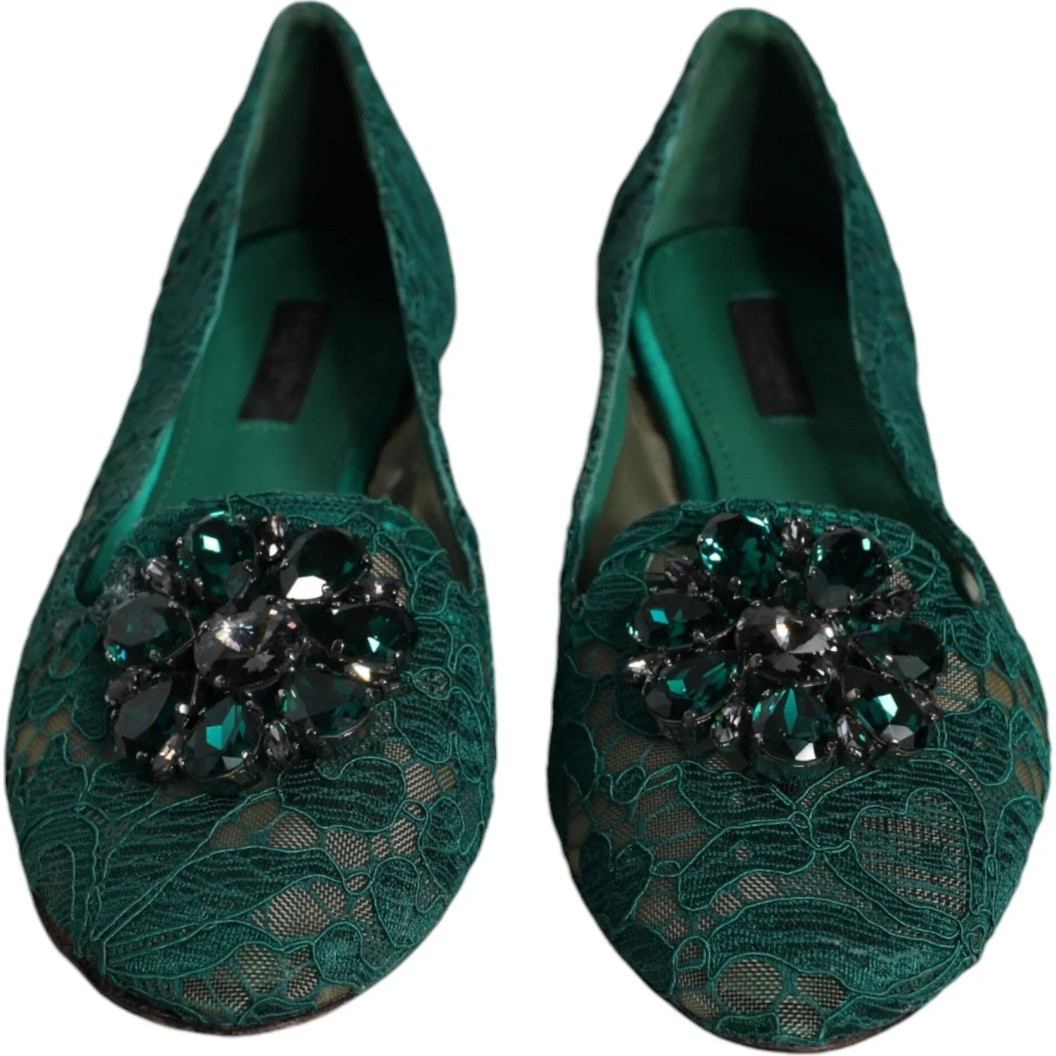 Dolce & Gabbana Green Lace Crystal Ballet Flats Loafers Shoes