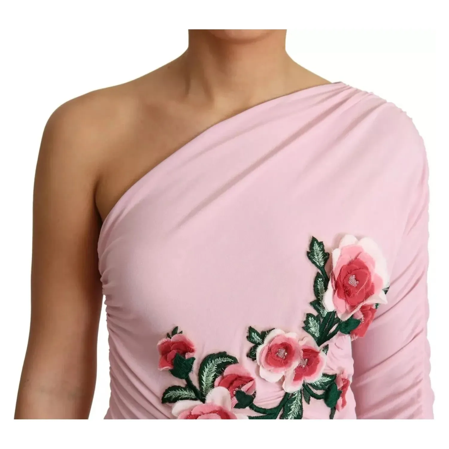 Dolce & Gabbana Pink Flower Embellished One Shoulder Dress