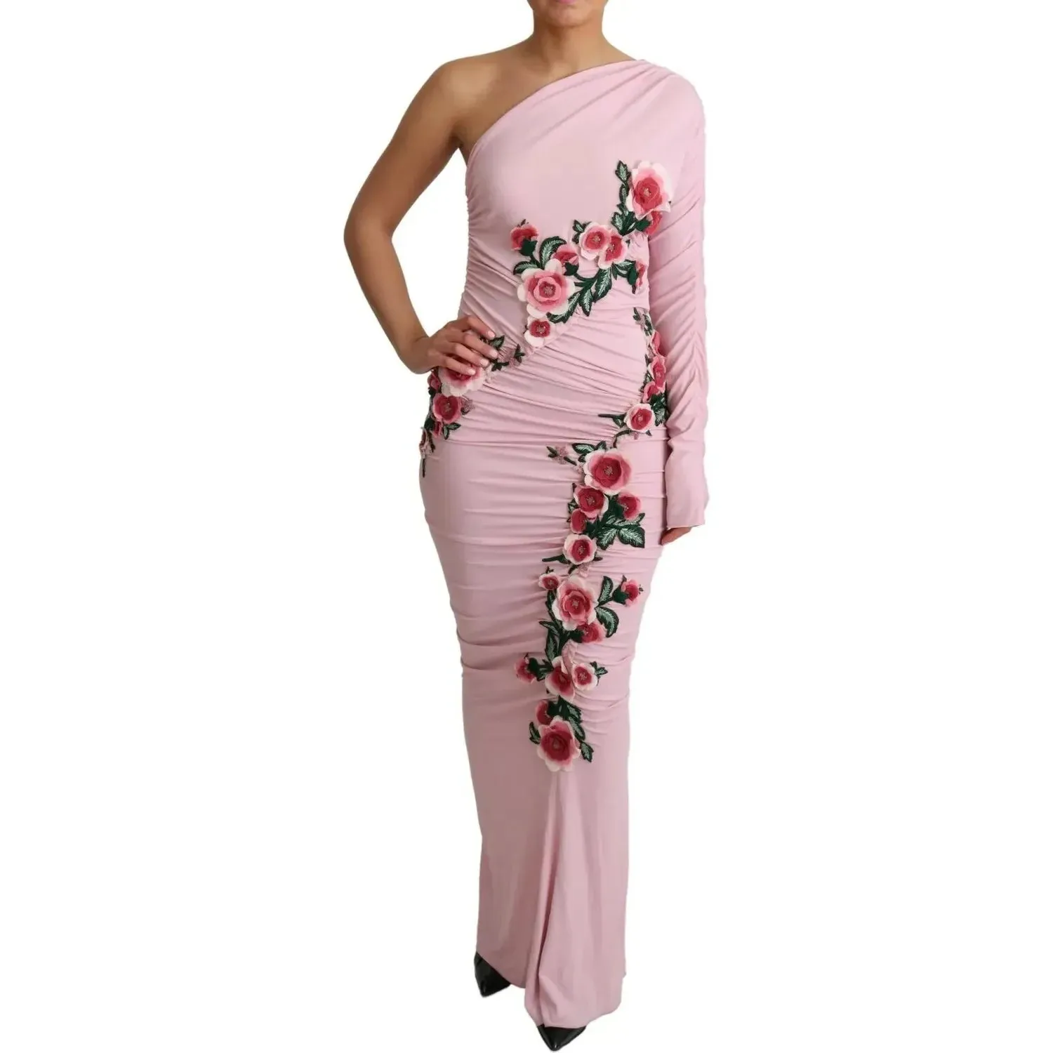 Dolce & Gabbana Pink Flower Embellished One Shoulder Dress