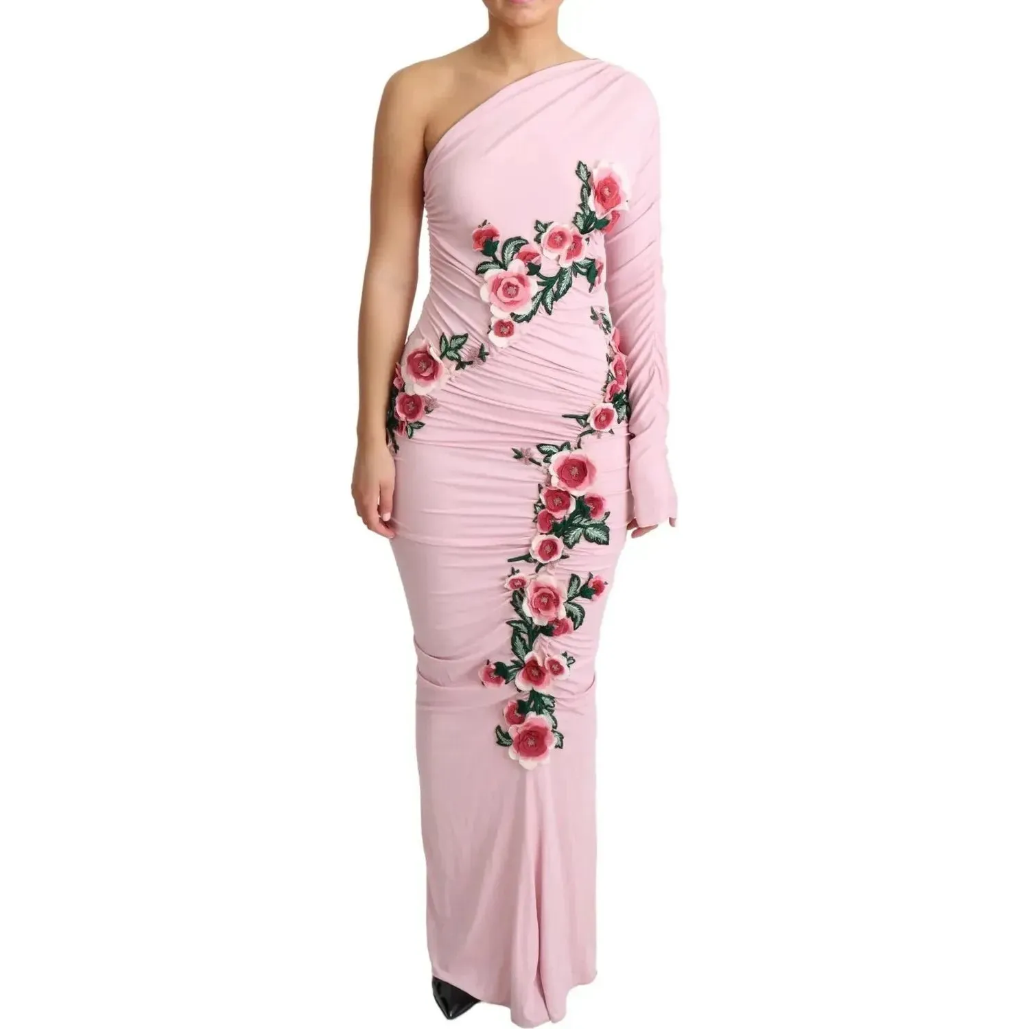 Dolce & Gabbana Pink Flower Embellished One Shoulder Dress