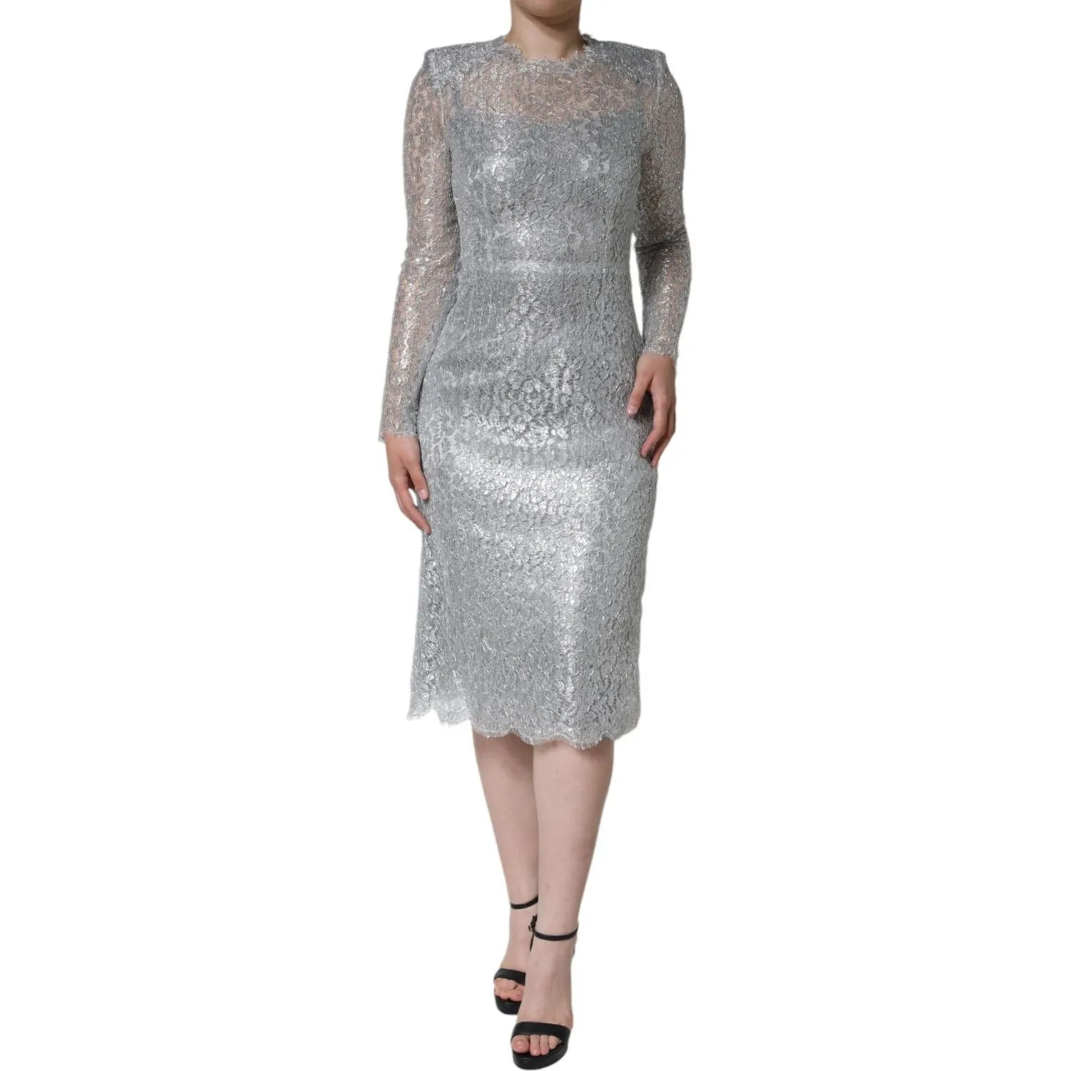 Dolce & Gabbana Silver Floral Lace Bodycon Sheath Midi Dress