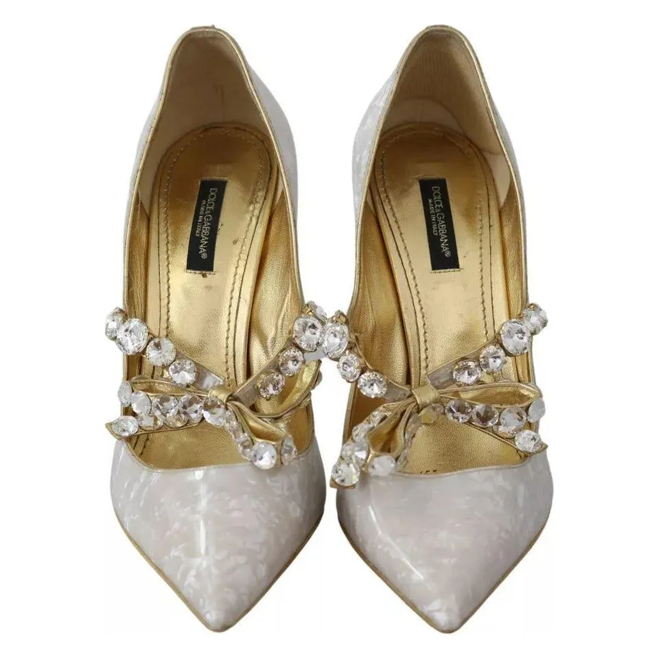 Dolce & Gabbana White Crystal Bow Pearl Mary Jane Pumps Shoes