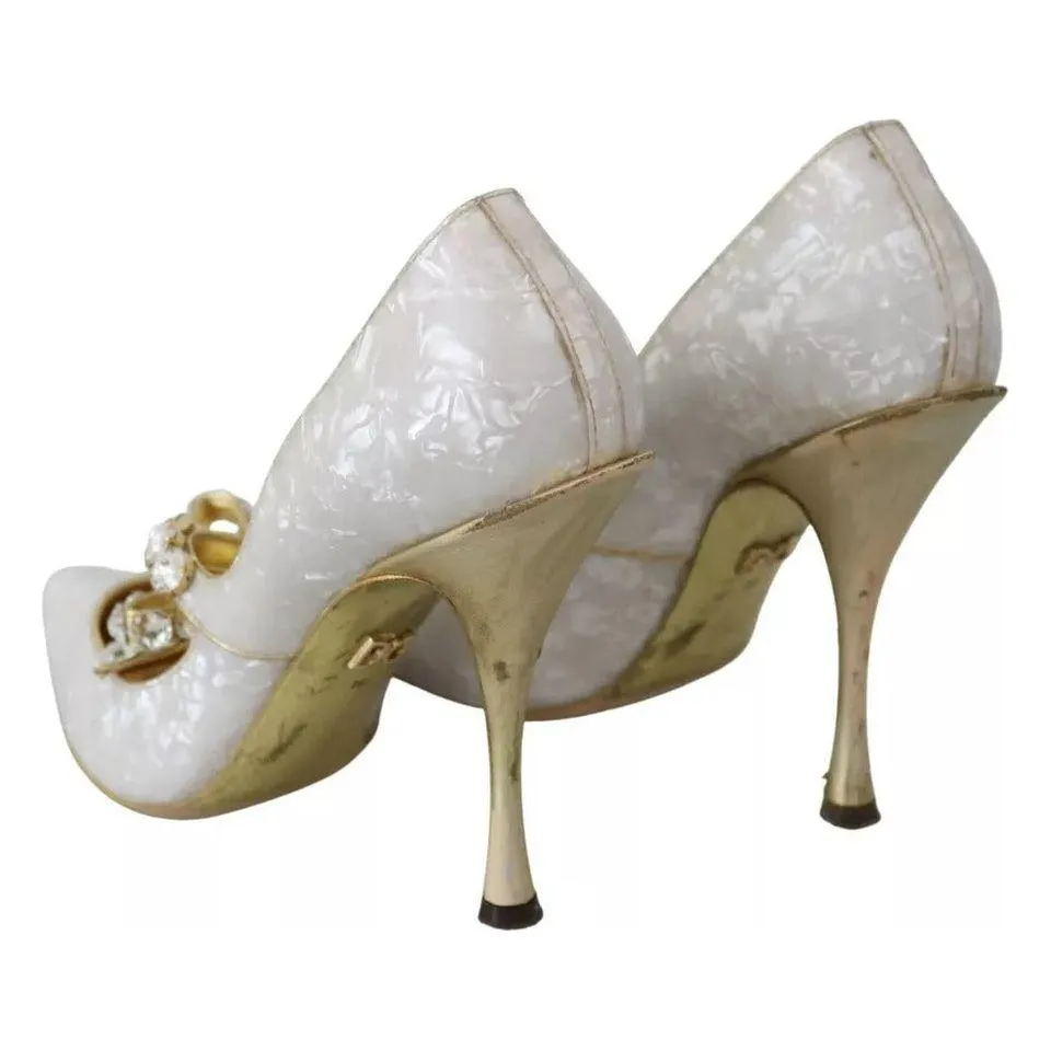 Dolce & Gabbana White Crystal Bow Pearl Mary Jane Pumps Shoes