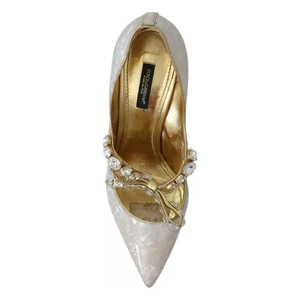 Dolce & Gabbana White Crystal Bow Pearl Mary Jane Pumps Shoes