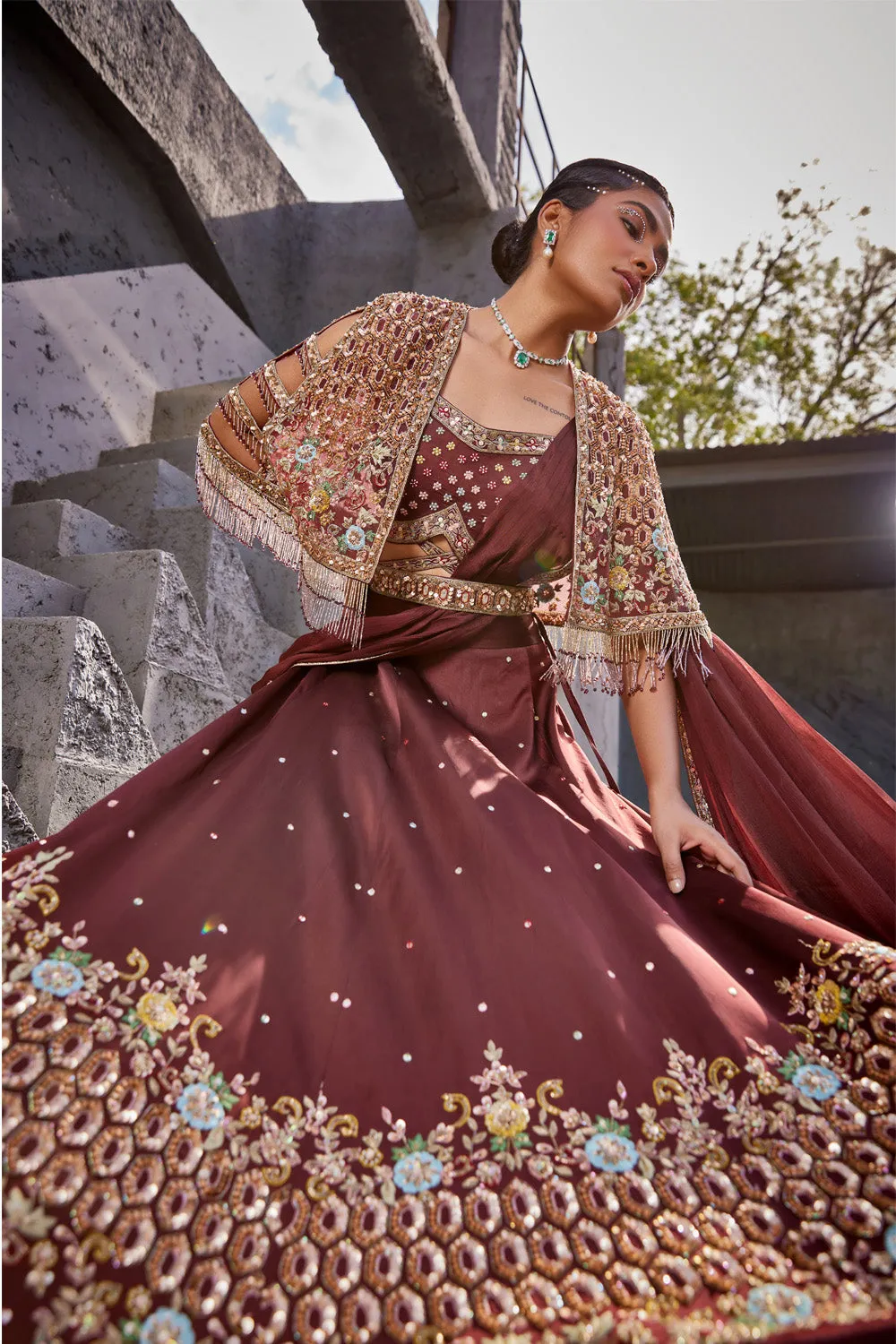 Draped Lehenga with Embroidered Cape