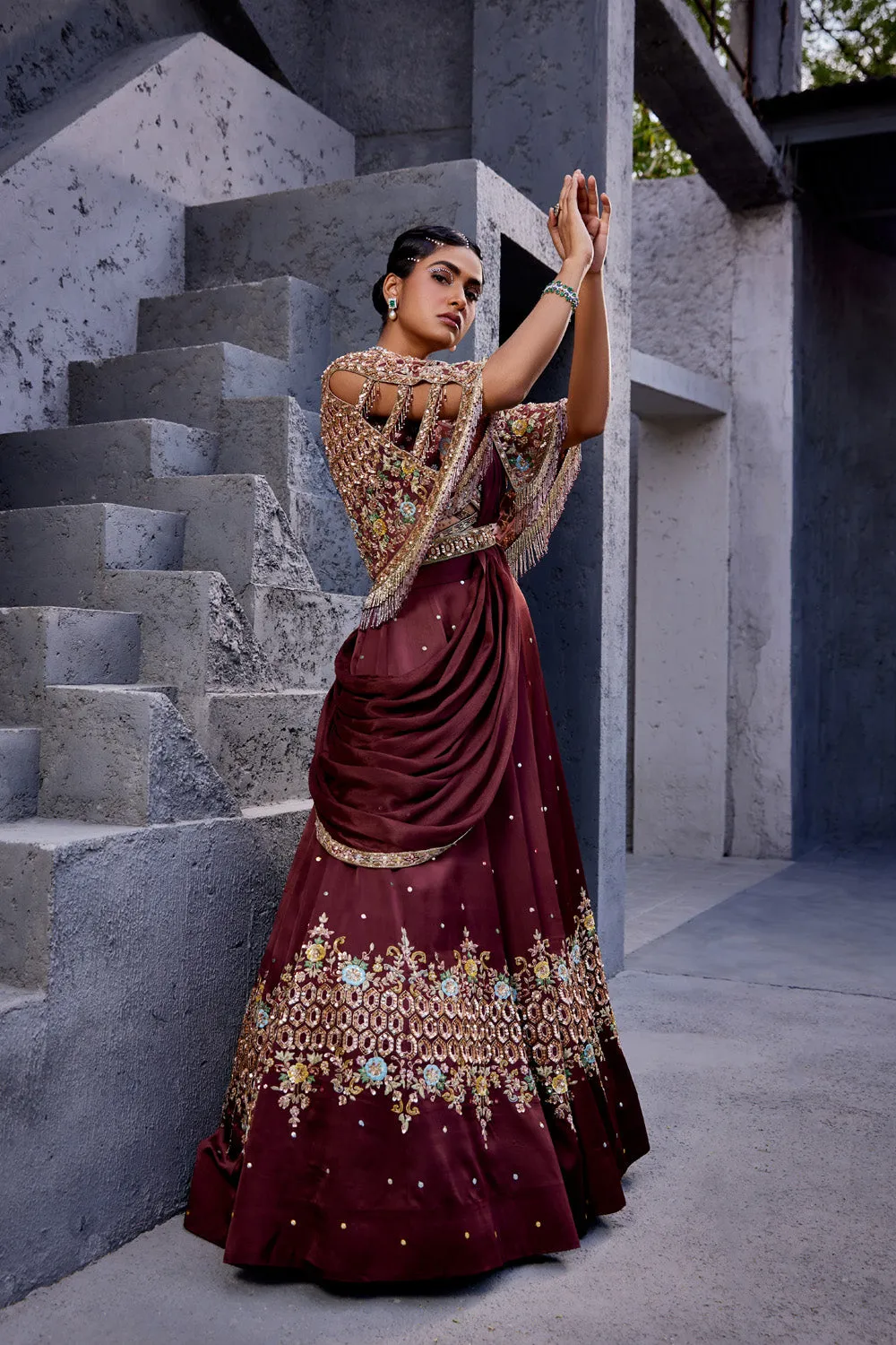 Draped Lehenga with Embroidered Cape