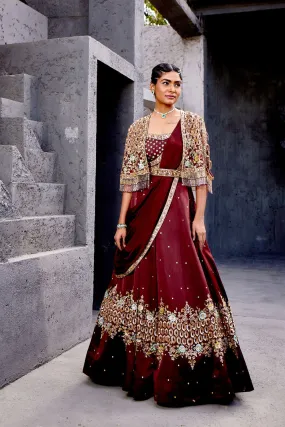 Draped Lehenga with Embroidered Cape