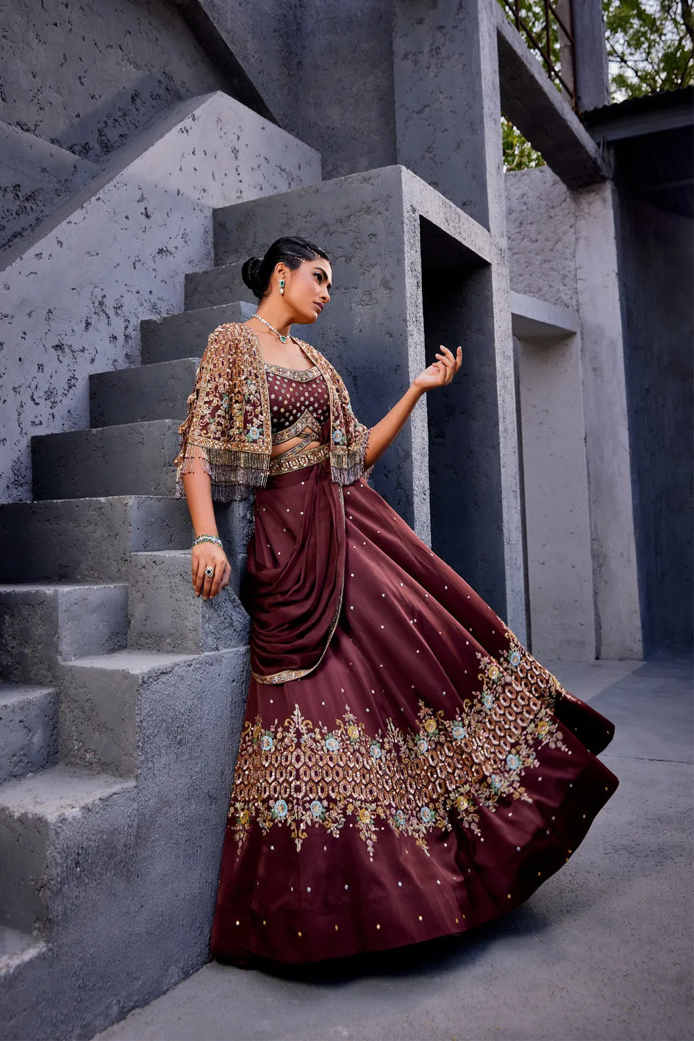 Draped Lehenga with Embroidered Cape