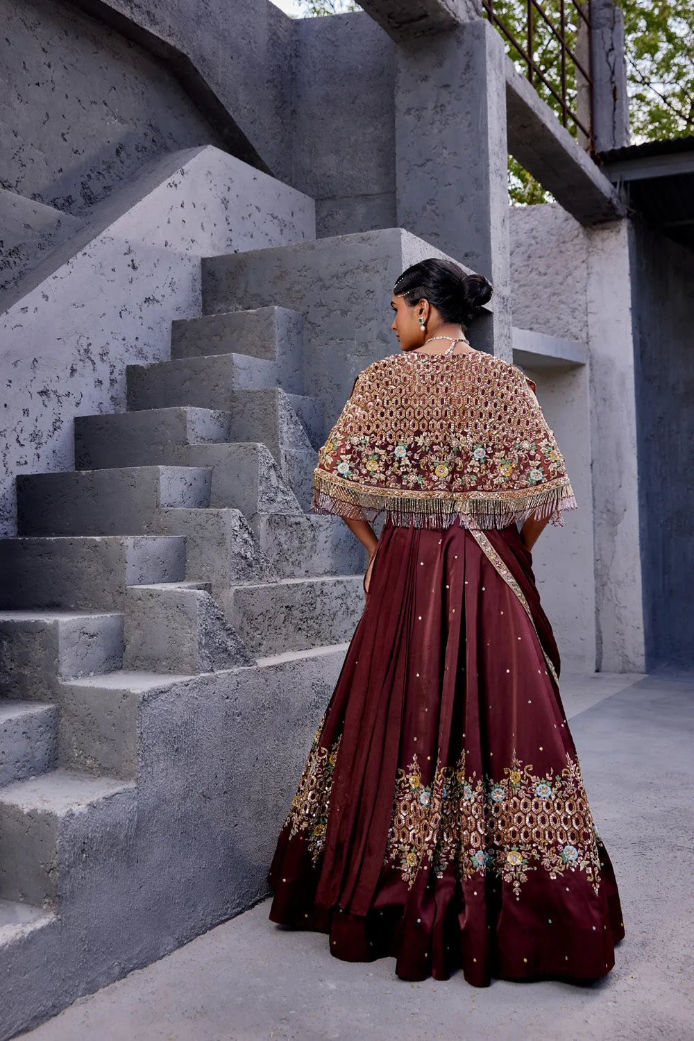 Draped Lehenga with Embroidered Cape