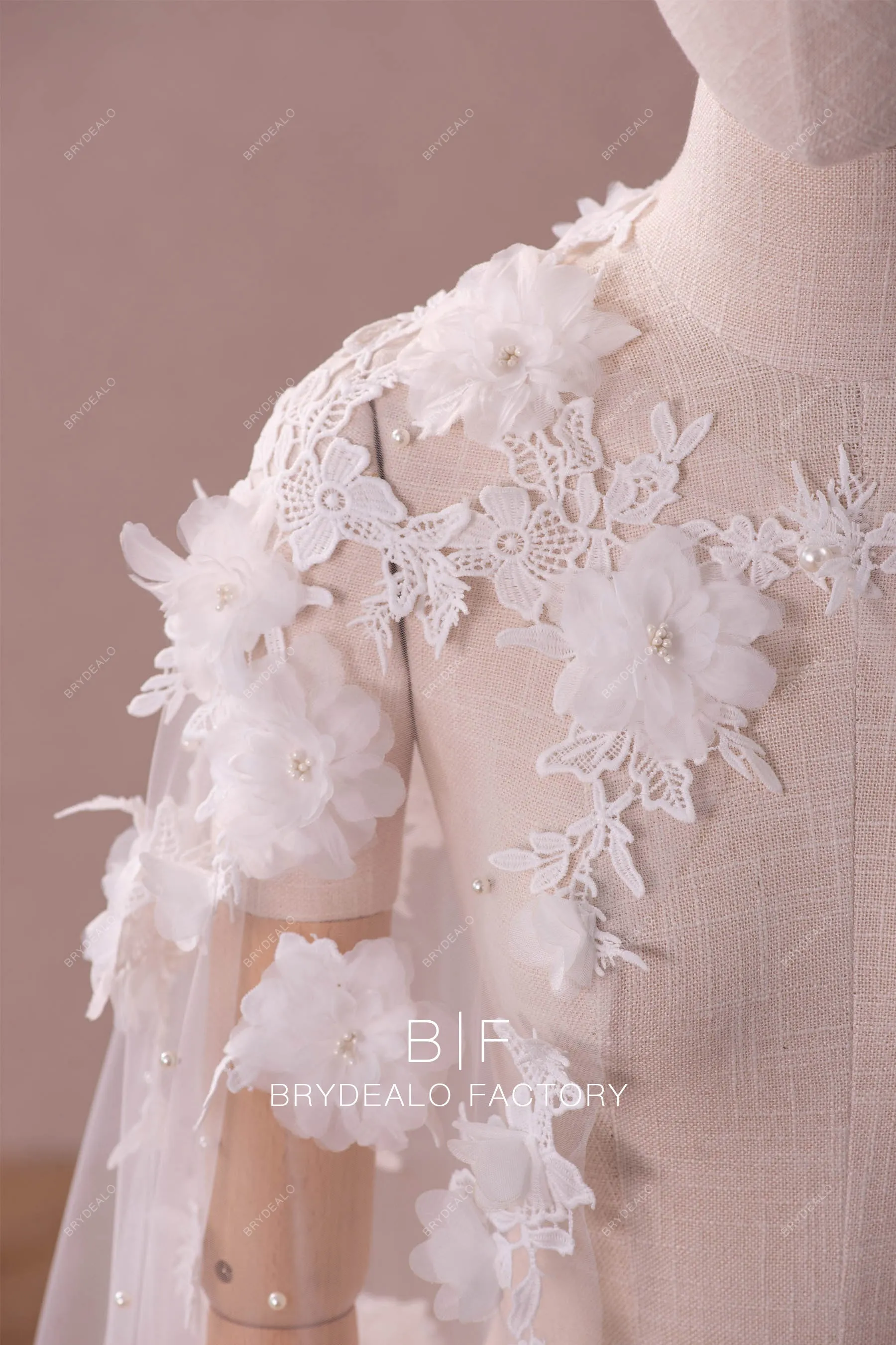 Dreamy 3D Flowers Designer Pearls Long Train Bridal Cape