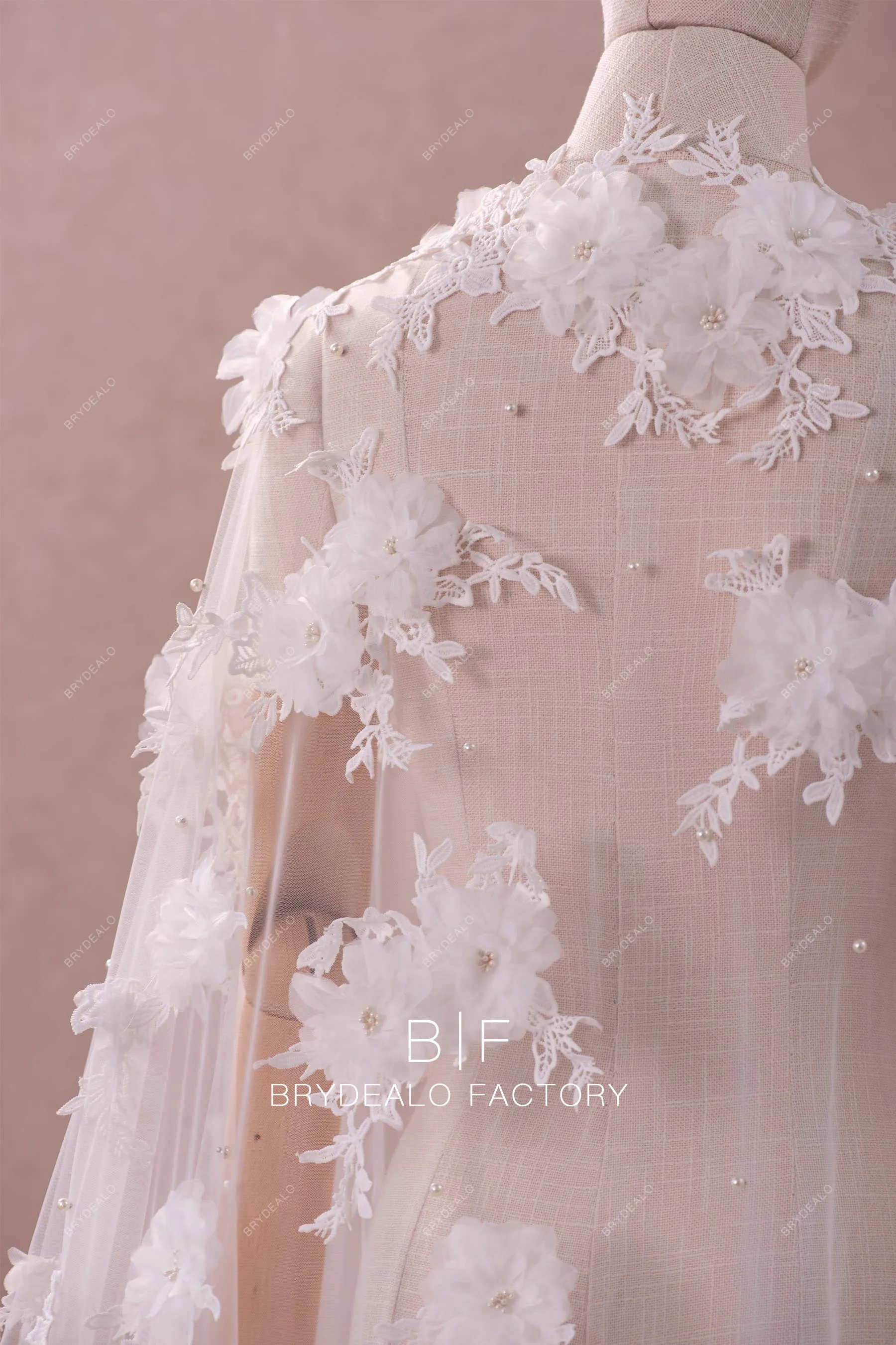 Dreamy 3D Flowers Designer Pearls Long Train Bridal Cape