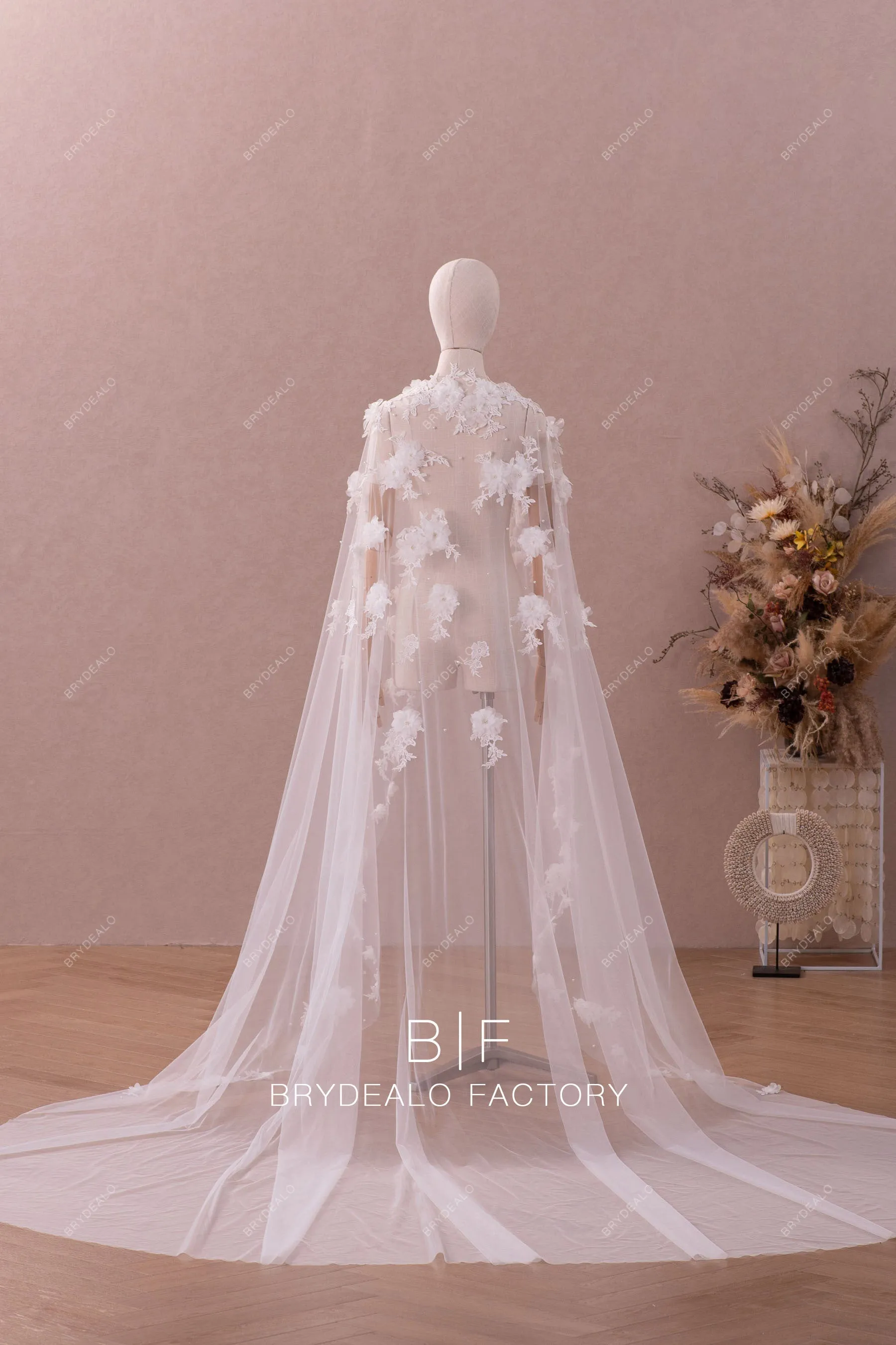 Dreamy 3D Flowers Designer Pearls Long Train Bridal Cape