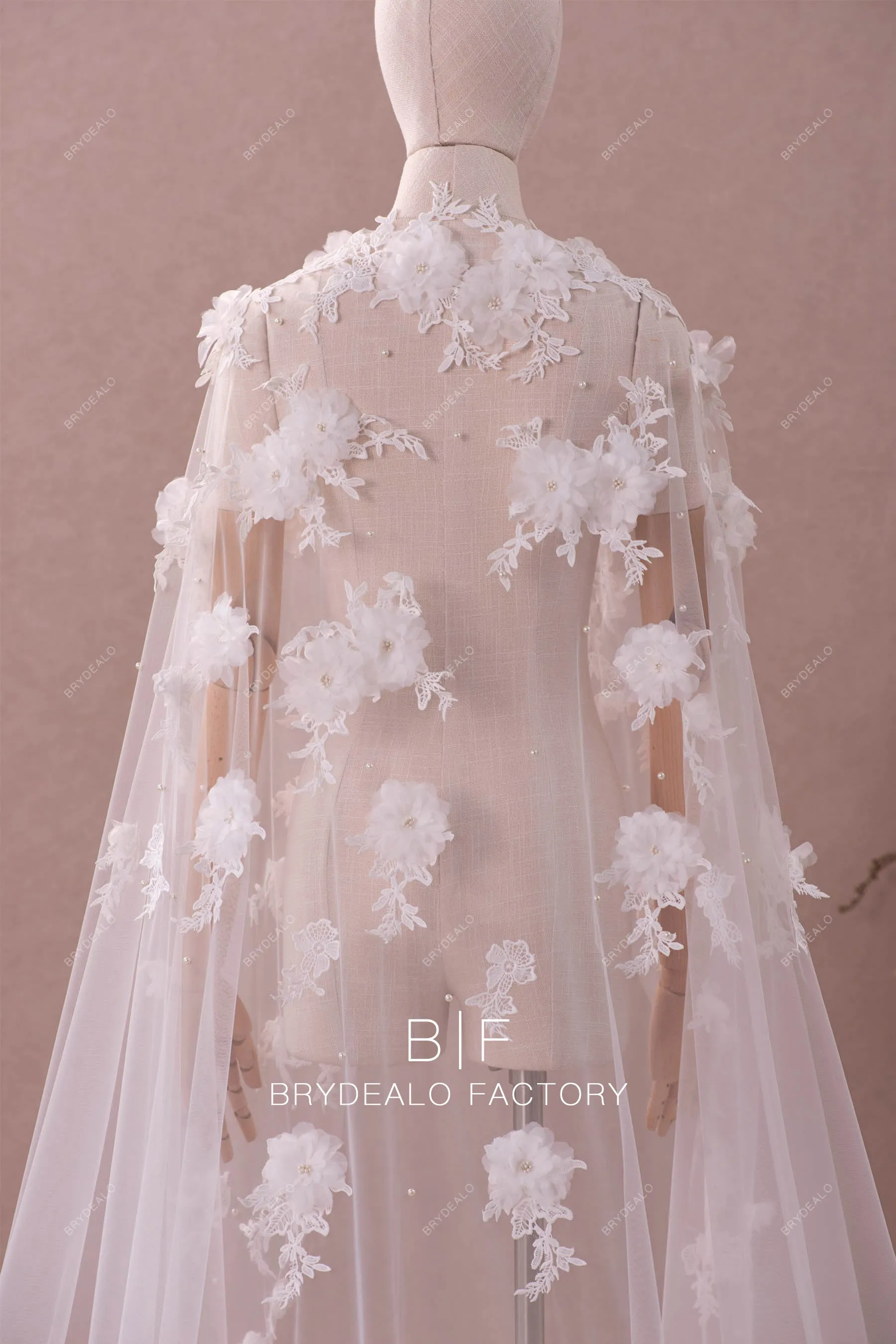 Dreamy 3D Flowers Designer Pearls Long Train Bridal Cape