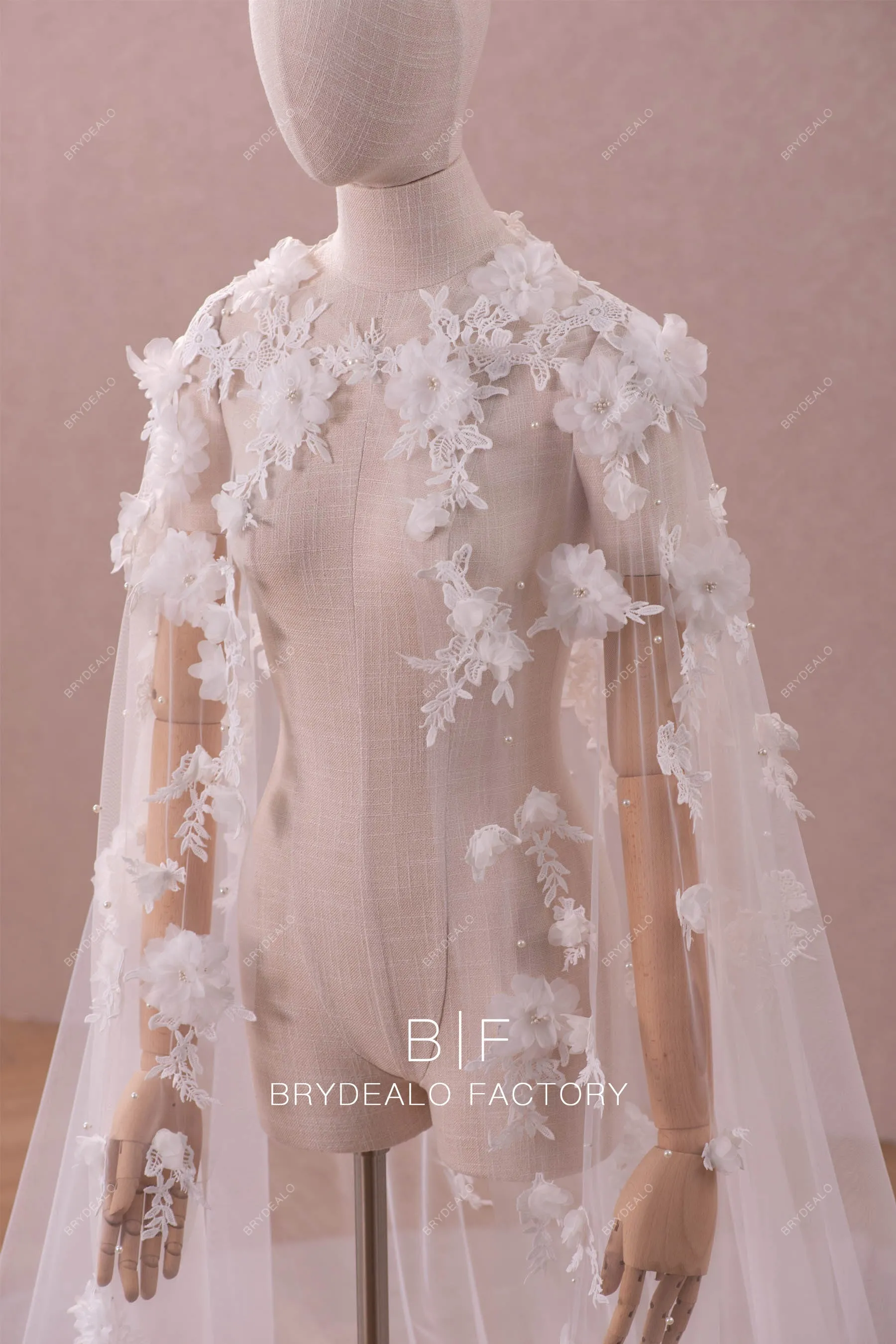 Dreamy 3D Flowers Designer Pearls Long Train Bridal Cape