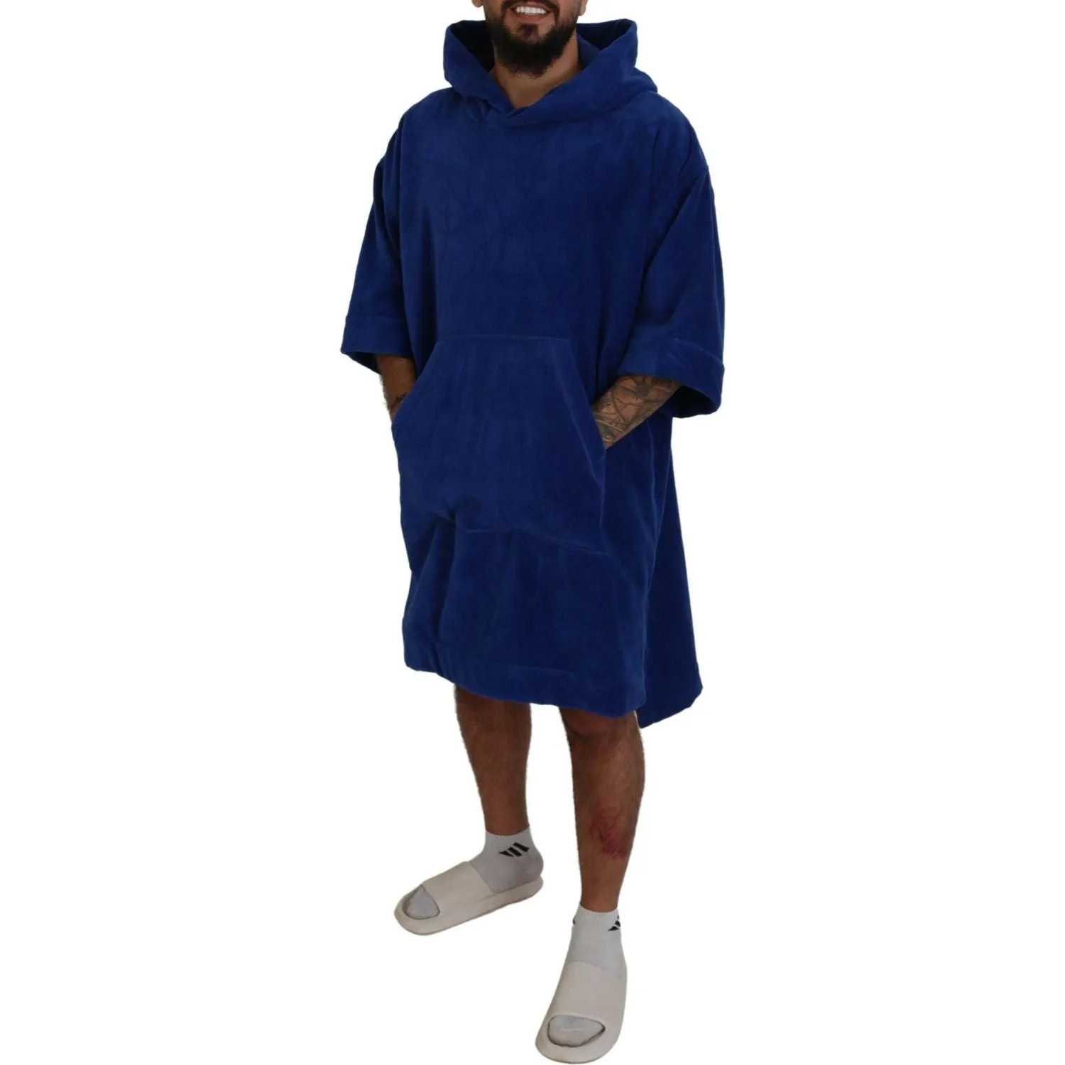 Dsquared² Blue Poncho Men Hooded Beachwear Changing Robe