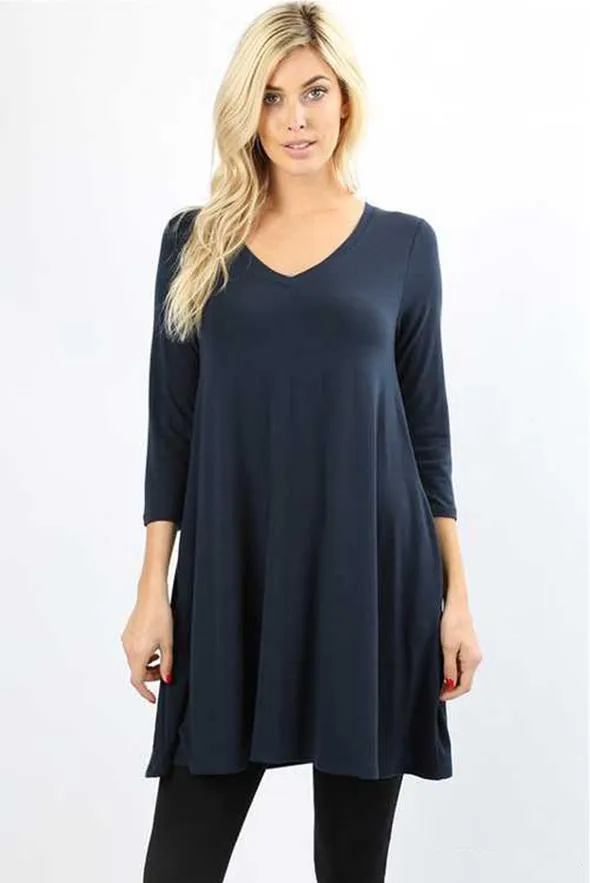 Essential 3/4 Sleeve V Neck Tunic Top - Multiple Colors!