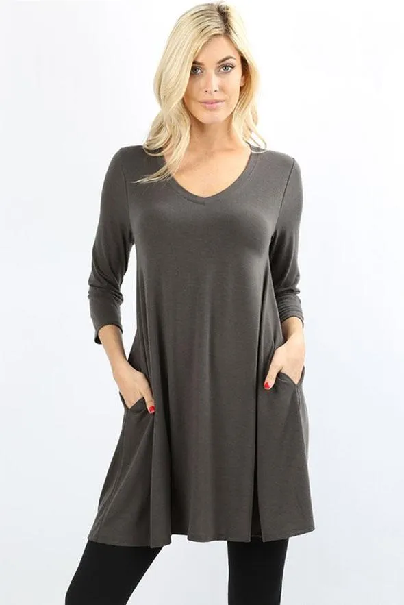 Essential 3/4 Sleeve V Neck Tunic Top - Multiple Colors!