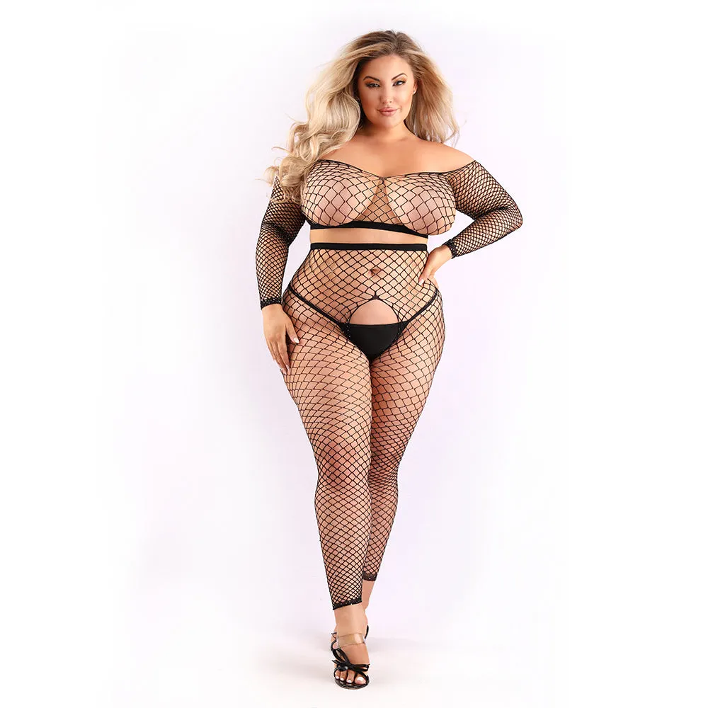 Fantasy Lingerie Sheer Stunner Rhinestone Fishnet Longsleeve Top & Crotchless Tights Black Queen Size