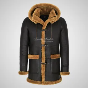 FARGO Men's Sheepskin Duffle Coat with Hood Long Shearling Coat