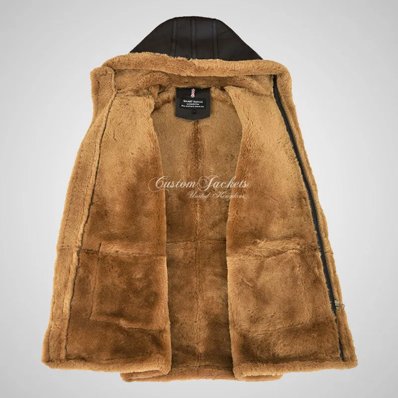 FARGO Men's Sheepskin Duffle Coat with Hood Long Shearling Coat