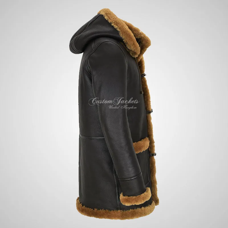 FARGO Men's Sheepskin Duffle Coat with Hood Long Shearling Coat