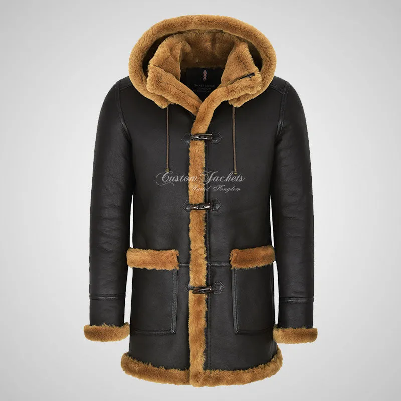 FARGO Men's Sheepskin Duffle Coat with Hood Long Shearling Coat