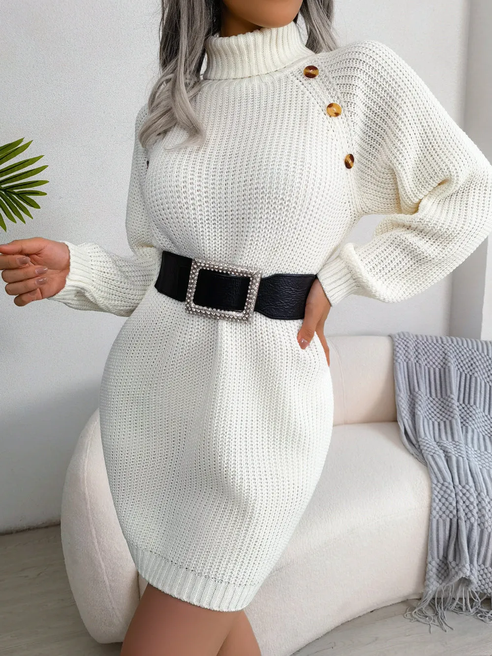 Fashionkova tie outfit Autumn and Winter Casual Button Turtleneck Long Sleeve Bottoming Sweater Dress Women's Clothing