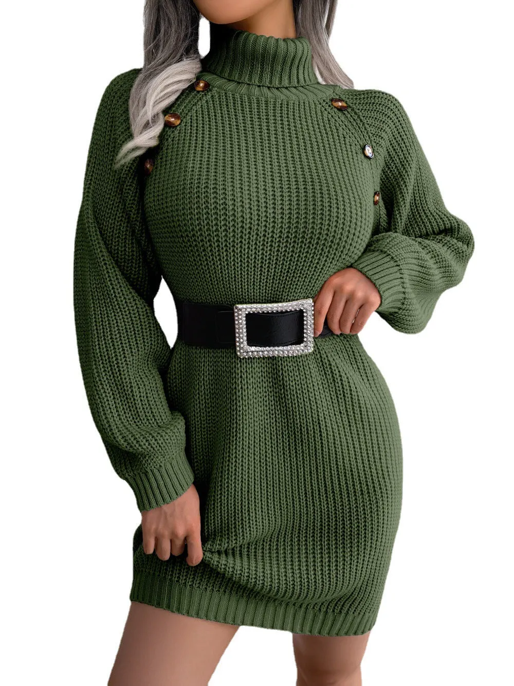 Fashionkova tie outfit Autumn and Winter Casual Button Turtleneck Long Sleeve Bottoming Sweater Dress Women's Clothing