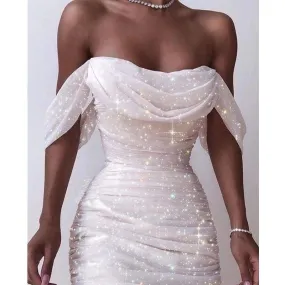 FashionSierra - Off Shoulder Pleated White bodycon Dress Women Strapless Backless Shinny Dress Elegant Party Dresses Clothes