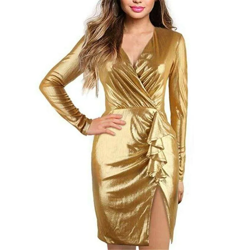 FashionSierra - Spring Autumn Wrap Bandage Bodycon Dresses Women Deep V Neck Mini Dress Gold Elegant Silver Summer Party Dress Vestidos