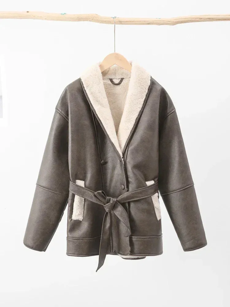 Faux Leather Shearling Wrap Jacket Fall Fashion for Women