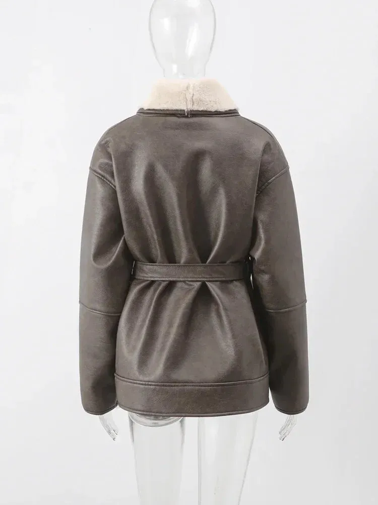 Faux Leather Shearling Wrap Jacket Fall Fashion for Women