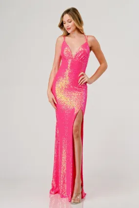 Fuchsia Sequin V-Neck Crossed Back Mermaid Maxi Dress