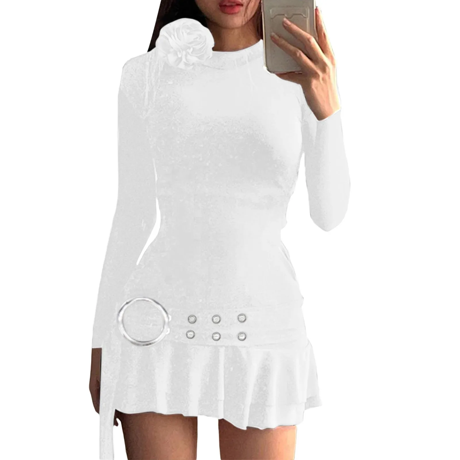 Girlary Spring Fall 3D Flower Decor Party Bandage Bodycon Dresses Women Long Sleeve Crew Neck Slim Stretch Mini Dress Club Streetwear