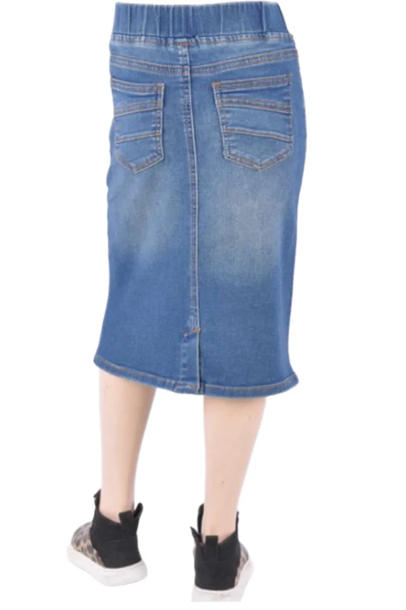 Girls Mid-Length Denim Skirt Elastic Waistband Style 77104