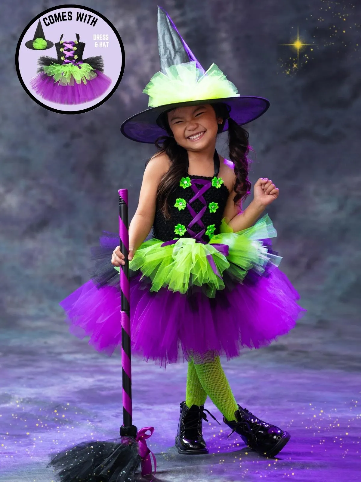 Girls Neon Witch Tutu Costume Set