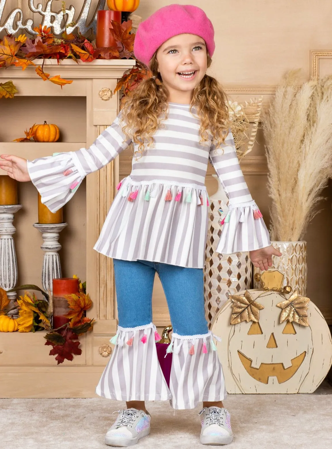 Girls Striped Pom Pom Boho Sleeve Top and Matching Bell Bottom Jeans Set