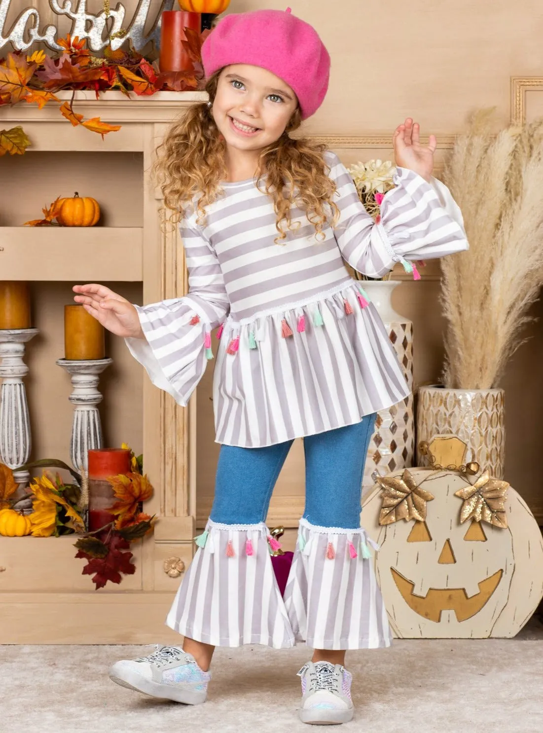 Girls Striped Pom Pom Boho Sleeve Top and Matching Bell Bottom Jeans Set