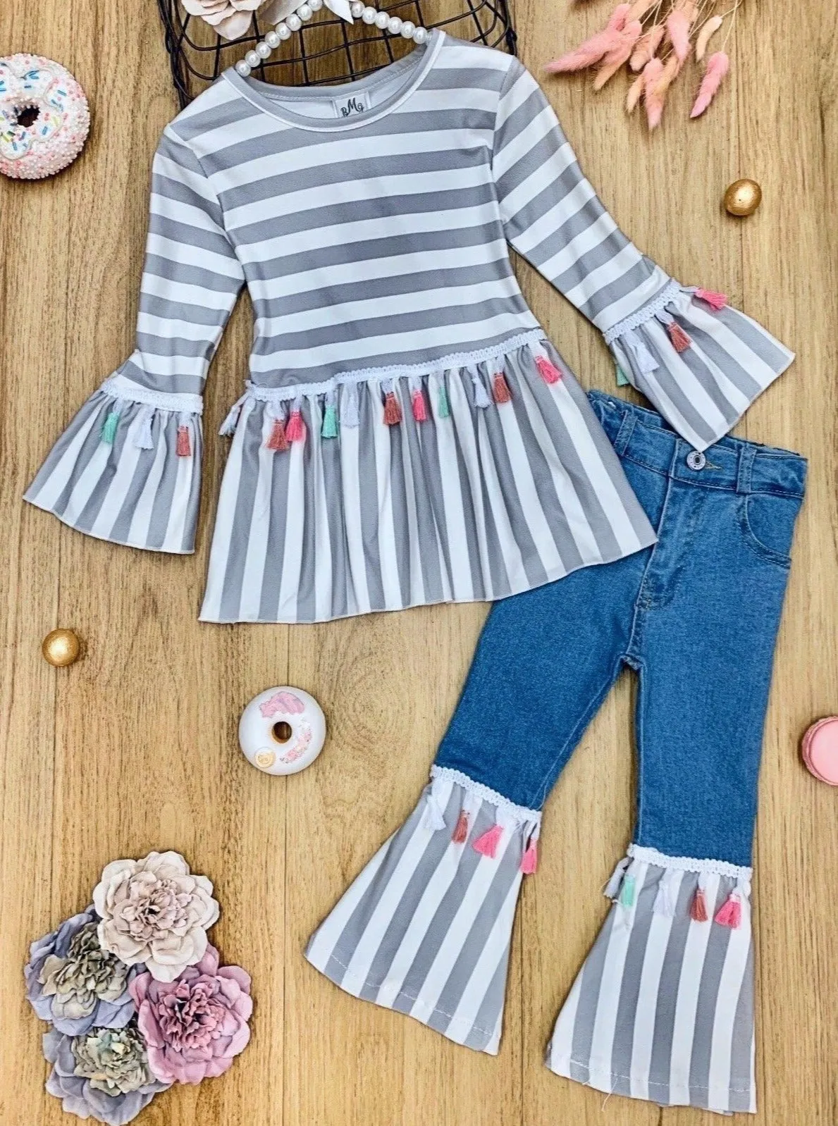 Girls Striped Pom Pom Boho Sleeve Top and Matching Bell Bottom Jeans Set